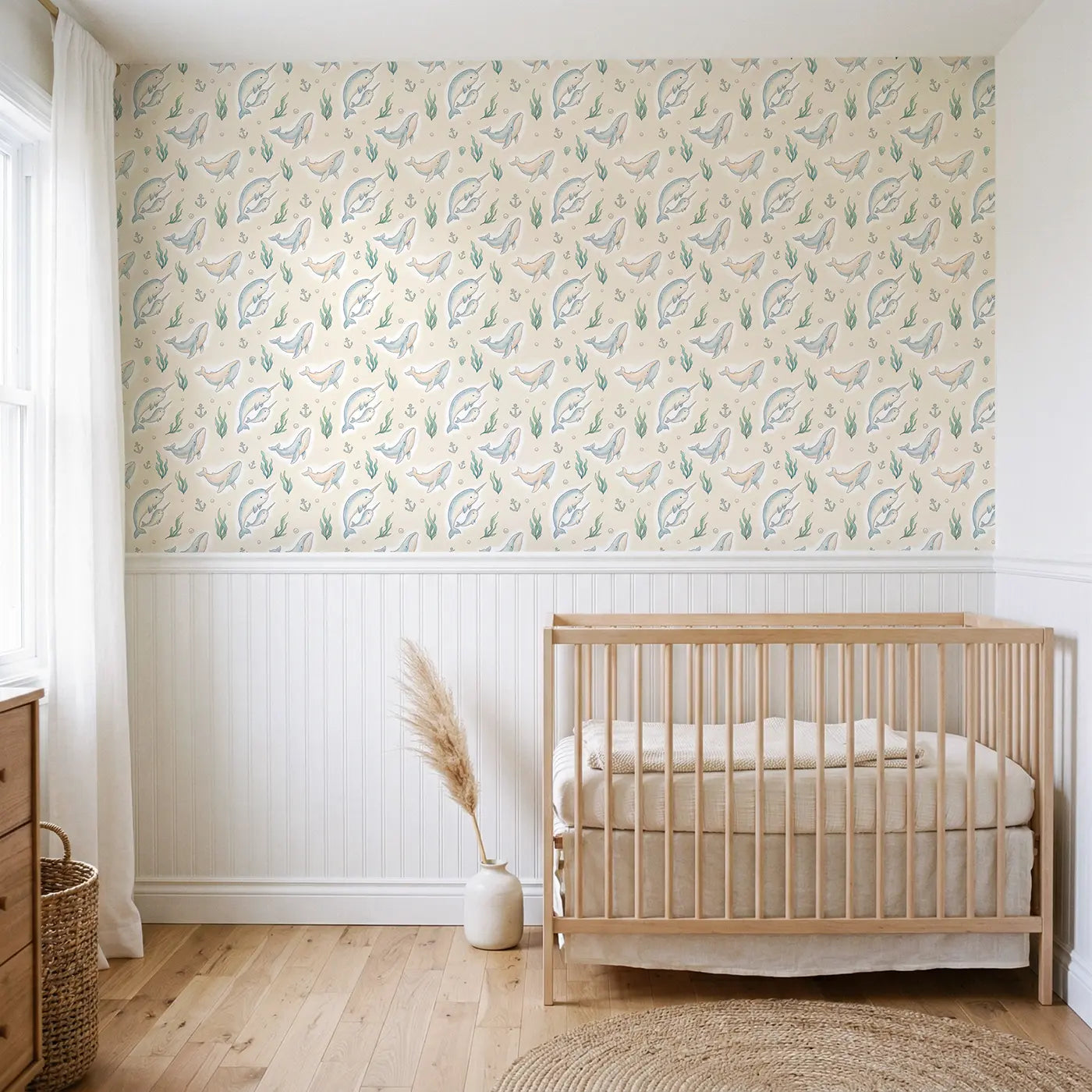 Narwhal Pair Soft Pastel wallpaper above wainscoting - Whimsy Tots