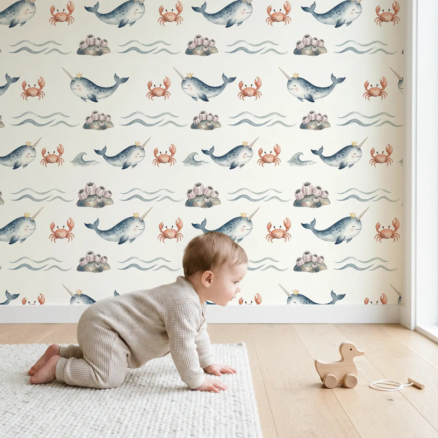 Smiling Narwhal Tiny Watercolor wallpaper in styled kids room - Whimsy Tots