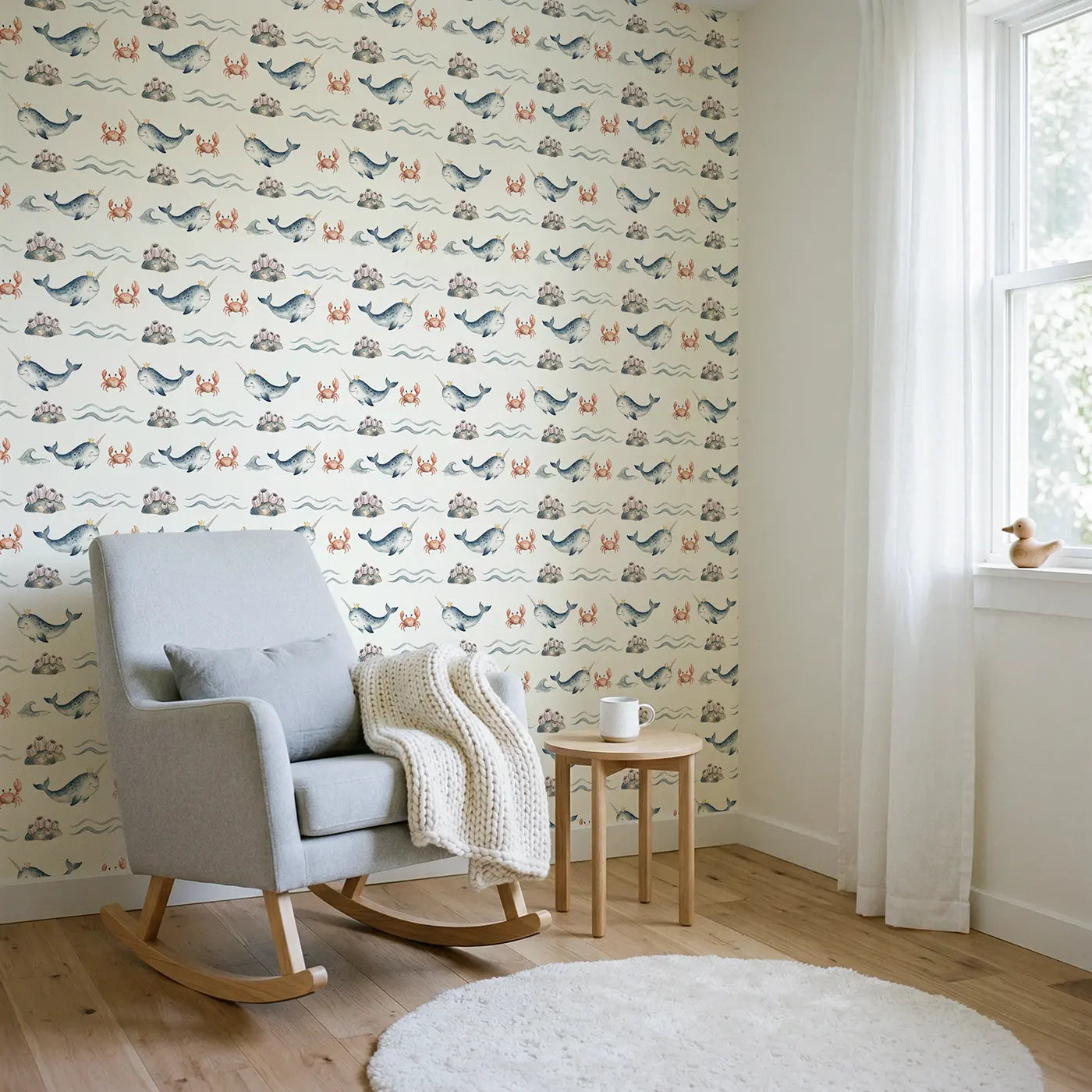 Smiling Narwhal Tiny Watercolor wallpaper in Scandinavian nursery - Whimsy Tots