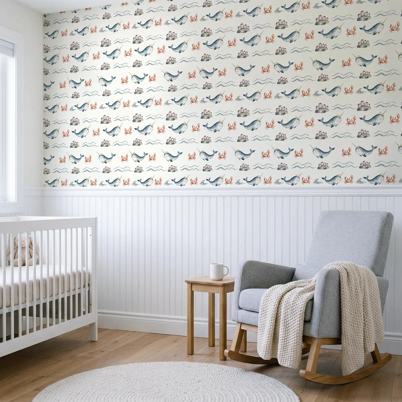 Smiling Narwhal Tiny Watercolor wallpaper above wainscoting - Whimsy Tots