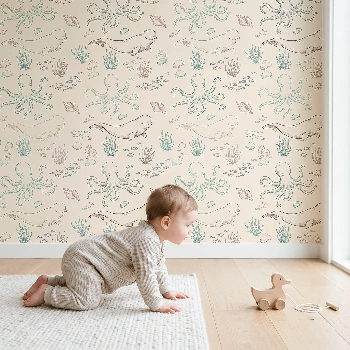 Octopus Swimming Hand-Drawn wallpaper in styled kids room - Whimsy Tots