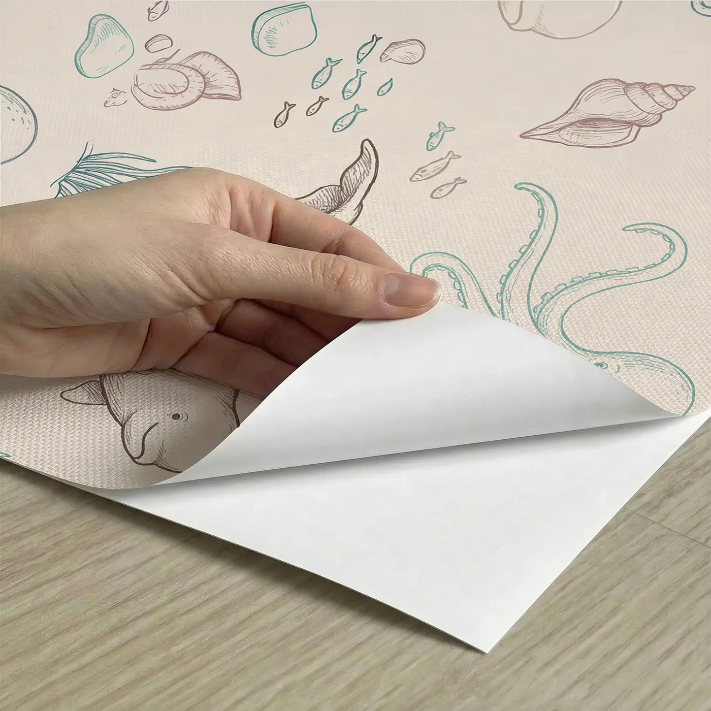 Octopus Swimming Hand-Drawn peel and stick material close-up - Whimsy Tots