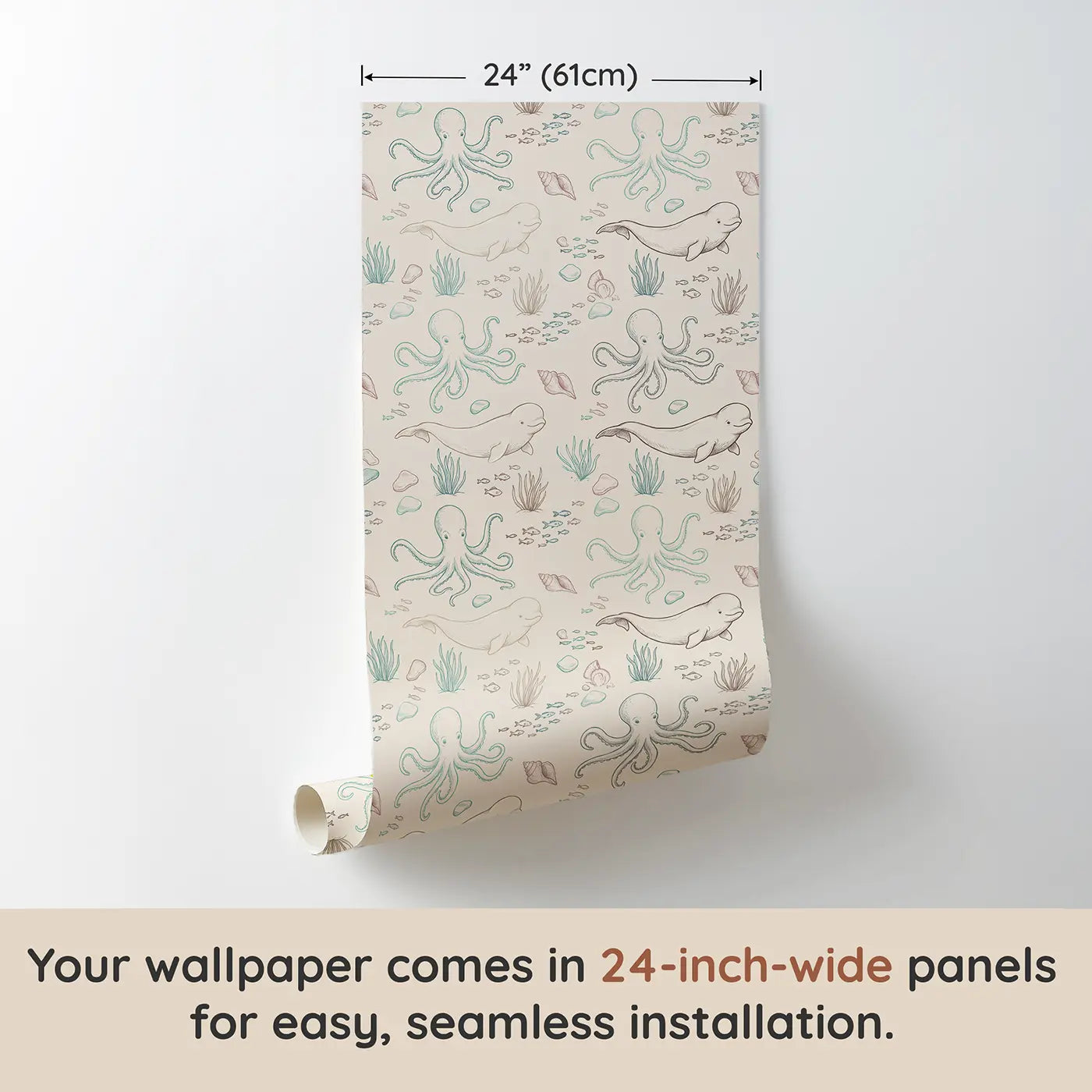Octopus Swimming Hand-Drawn wallpaper panel dimensions - Whimsy Tots