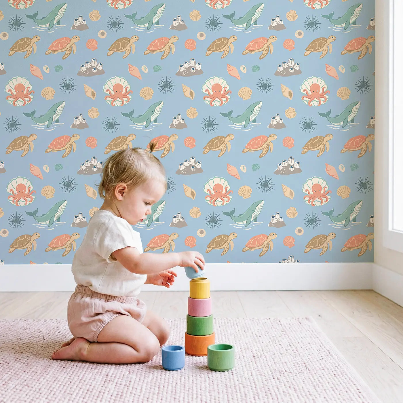 Octopus Hiding Shell Modern Illustration wallpaper in styled kids room - Whimsy Tots