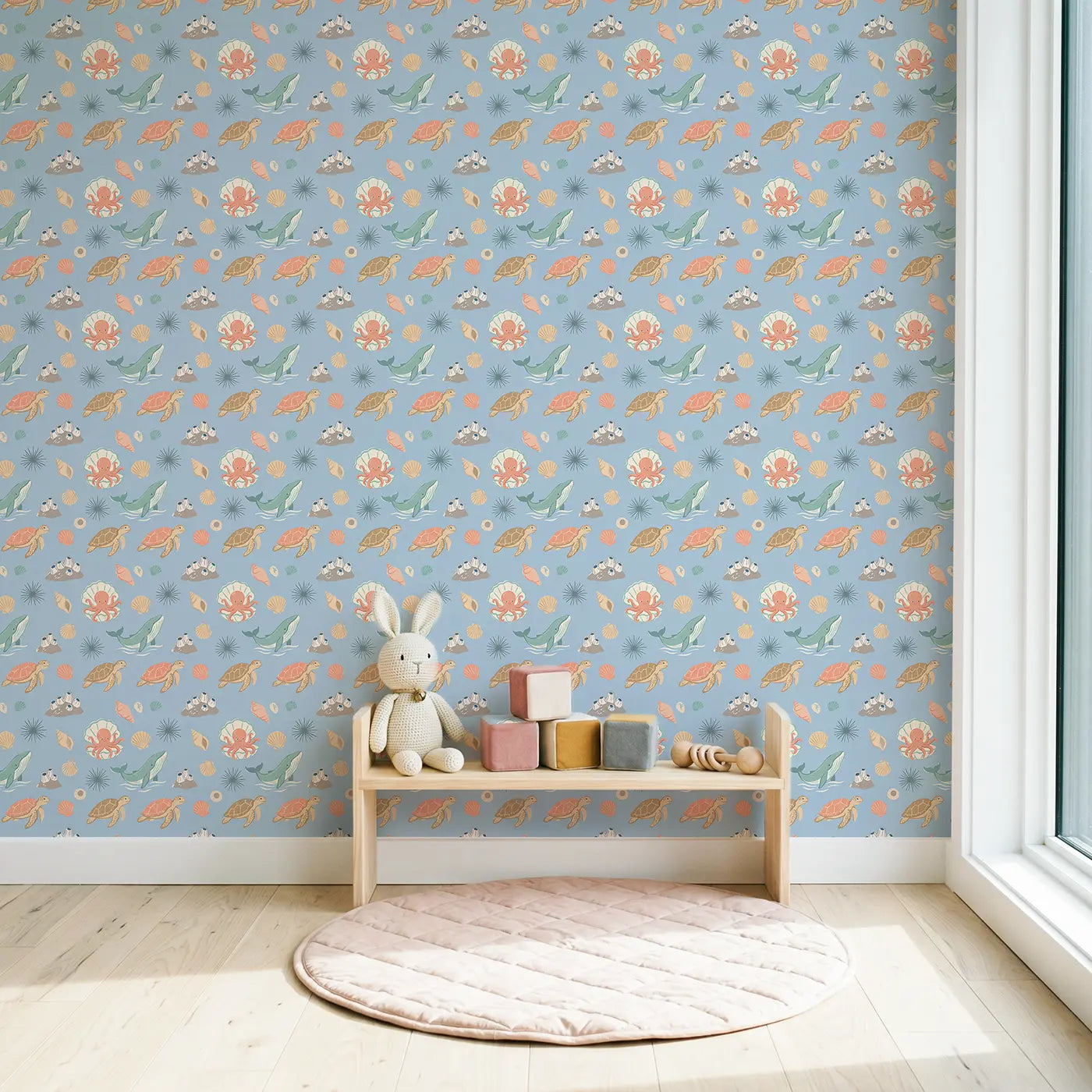 Octopus Hiding Shell Modern Illustration wallpaper in Scandinavian nursery - Whimsy Tots