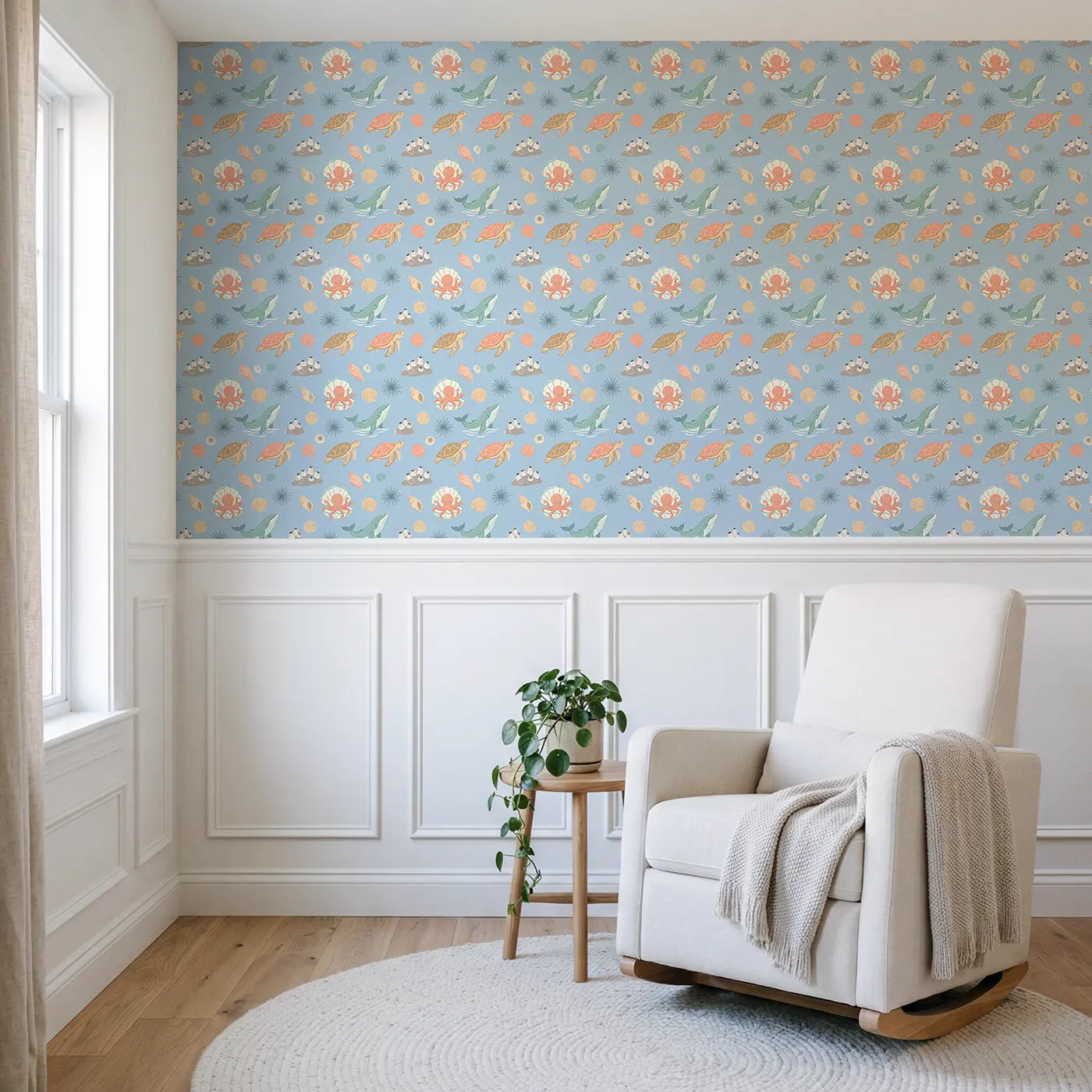 Octopus Hiding Shell Modern Illustration wallpaper above wainscoting - Whimsy Tots