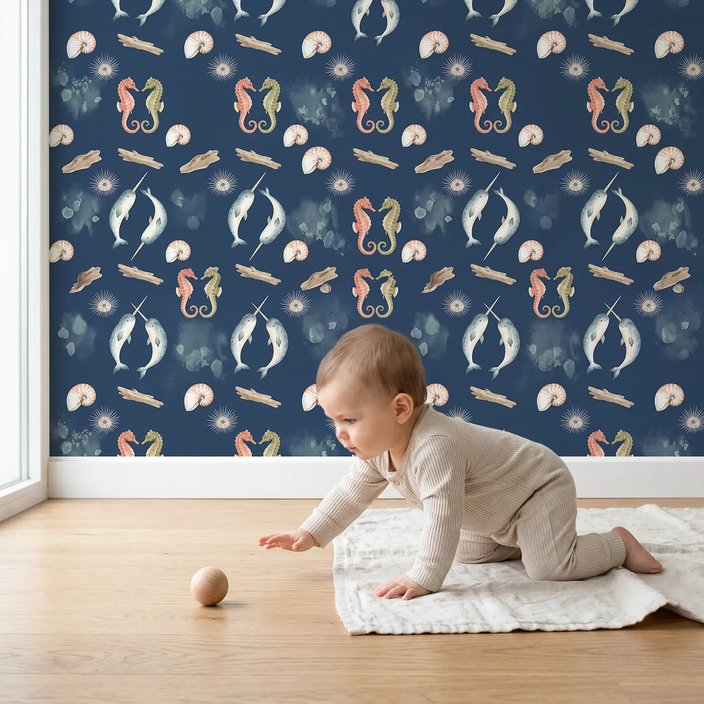 Narwhal Pair Diving Watercolor wallpaper in styled kids room - Whimsy Tots