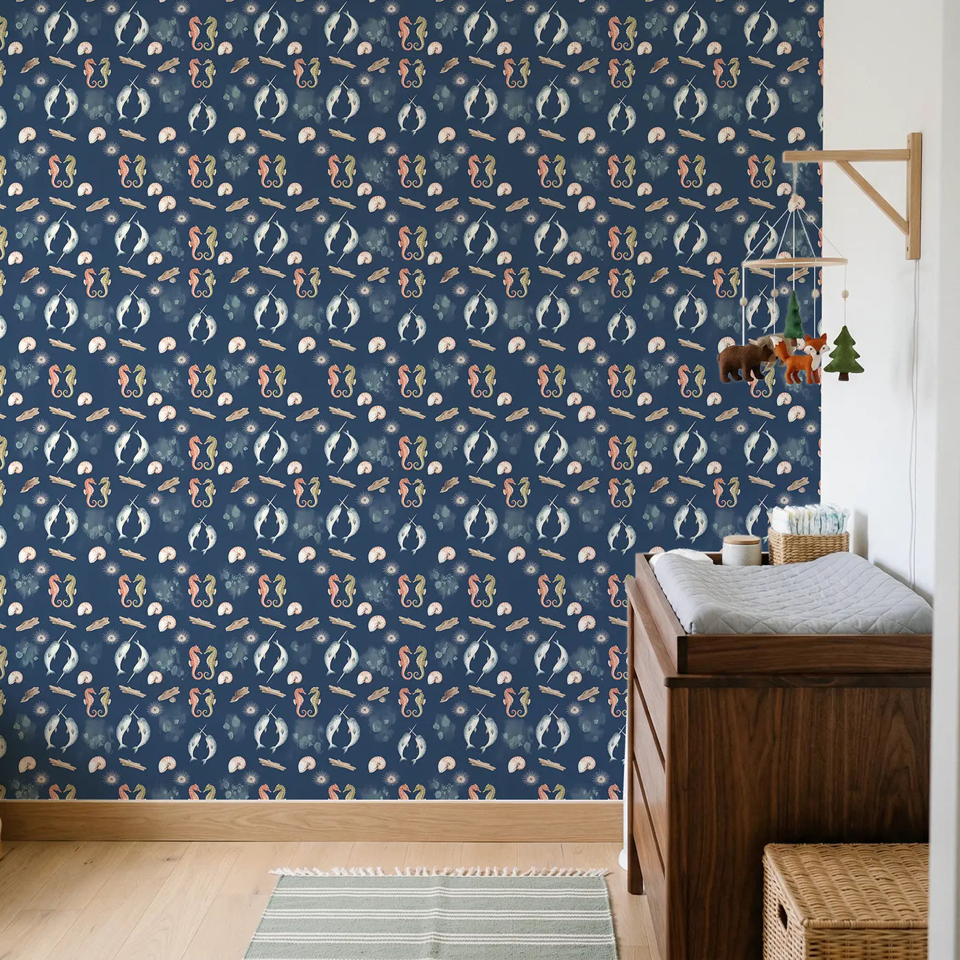 Narwhal Pair Diving Watercolor wallpaper in Scandinavian nursery - Whimsy Tots