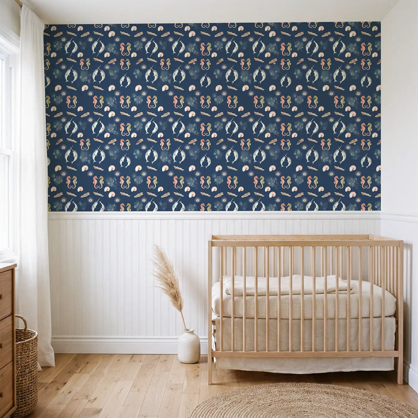 Narwhal Pair Diving Watercolor wallpaper above wainscoting - Whimsy Tots
