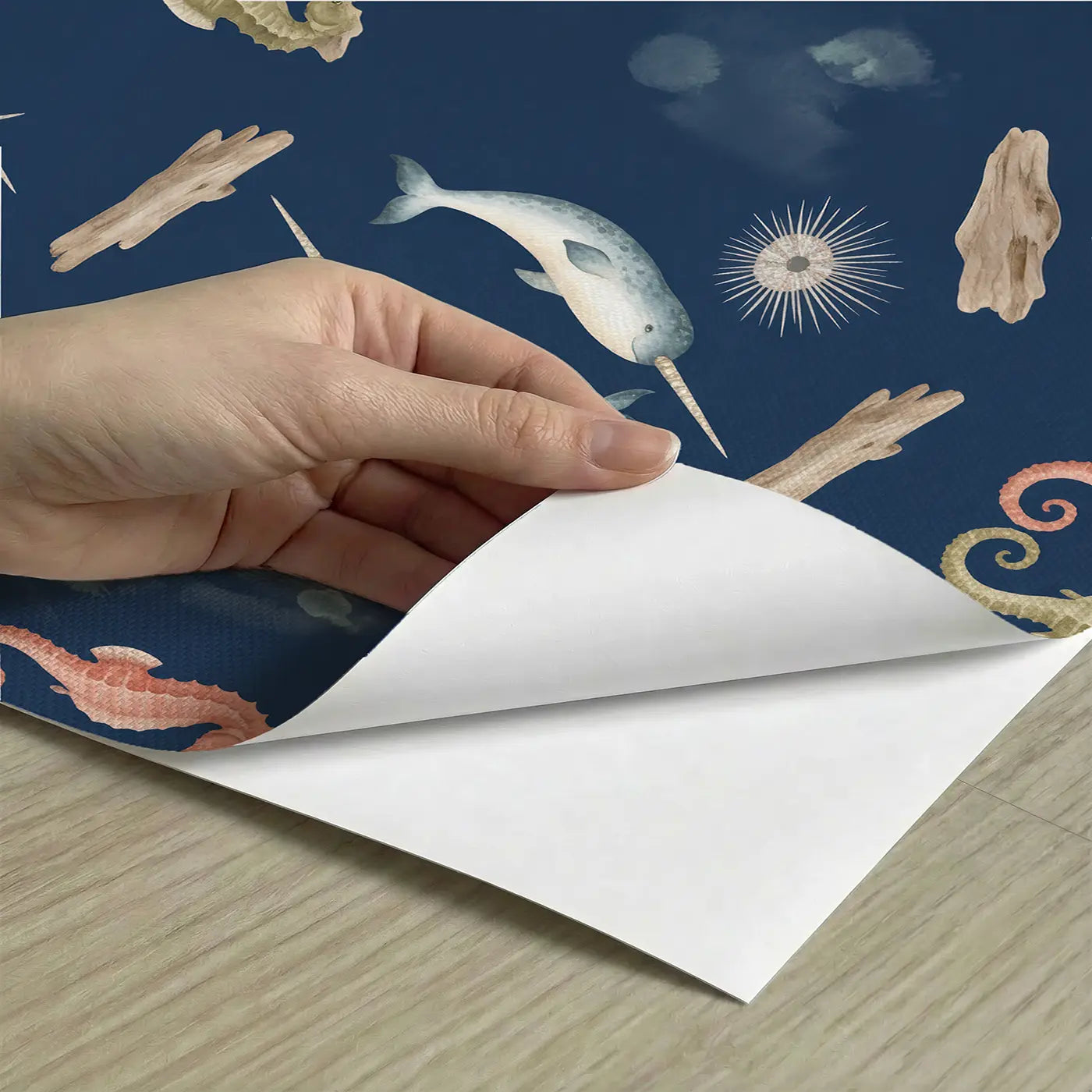 Narwhal Pair Diving Watercolor peel and stick material close-up - Whimsy Tots
