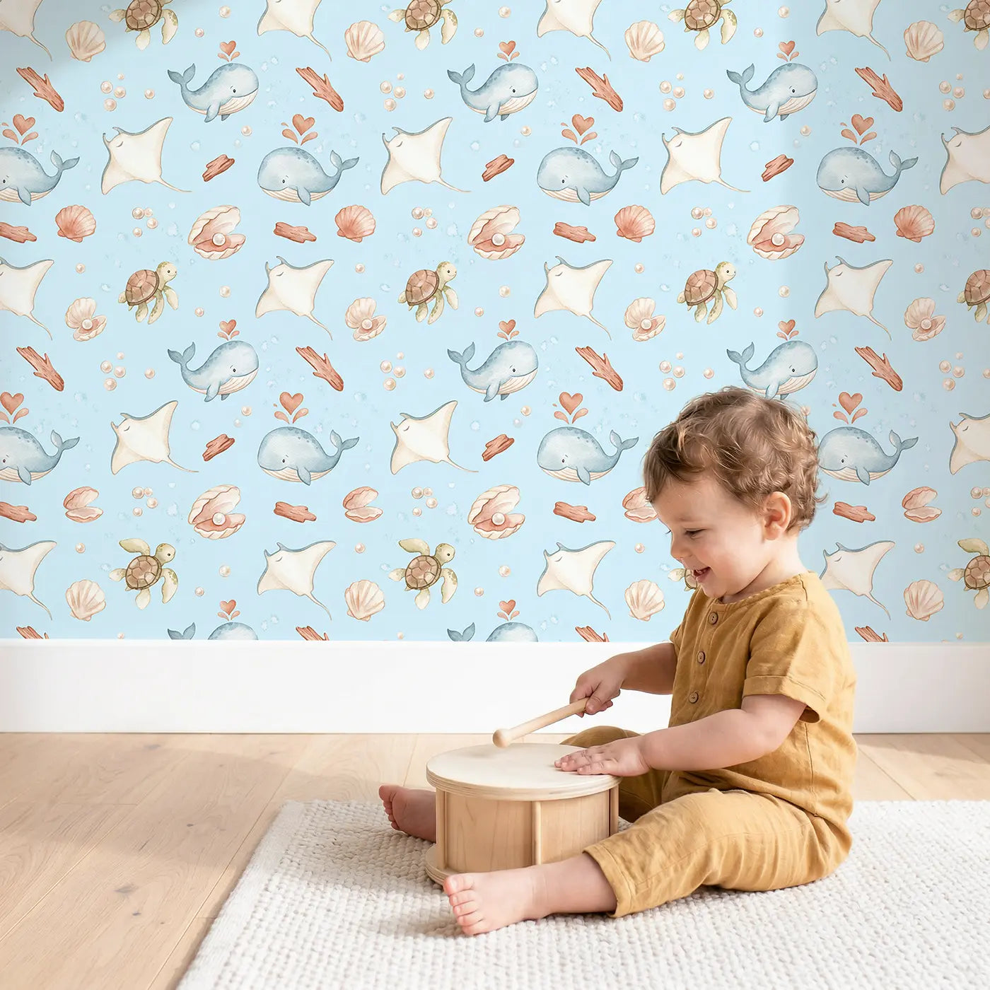 Whale Spouting Heart-Shaped Watercolor wallpaper in styled kids room - Whimsy Tots