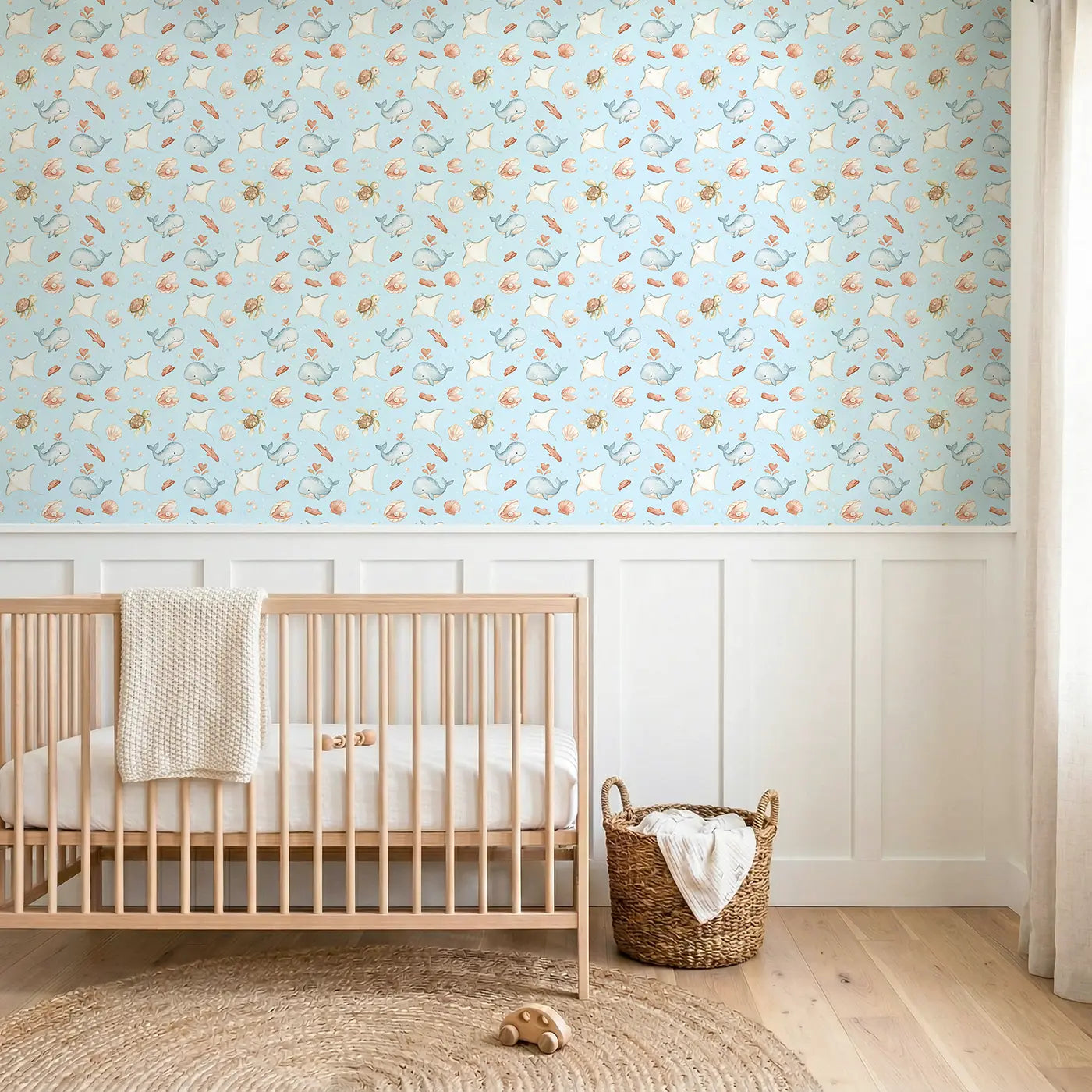 Whale Spouting Heart-Shaped Watercolor wallpaper above wainscoting - Whimsy Tots