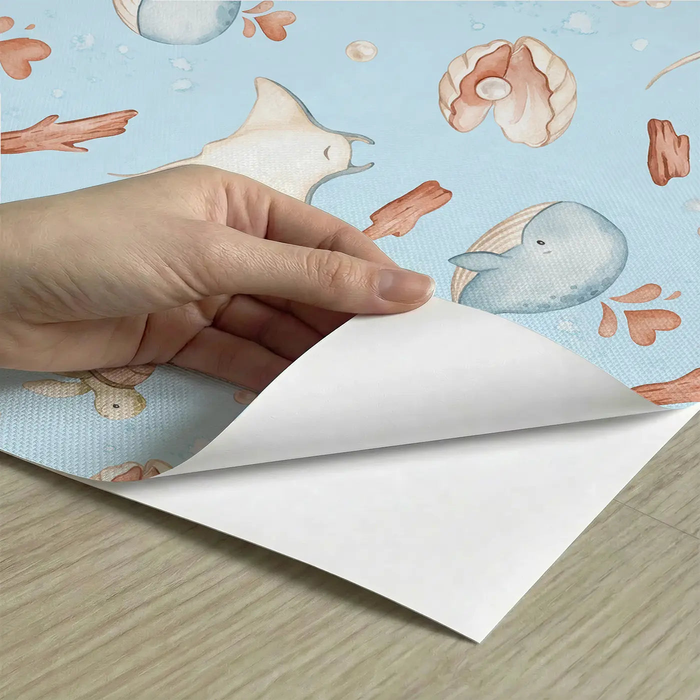 Whale Spouting Heart-Shaped Watercolor peel and stick material close-up - Whimsy Tots