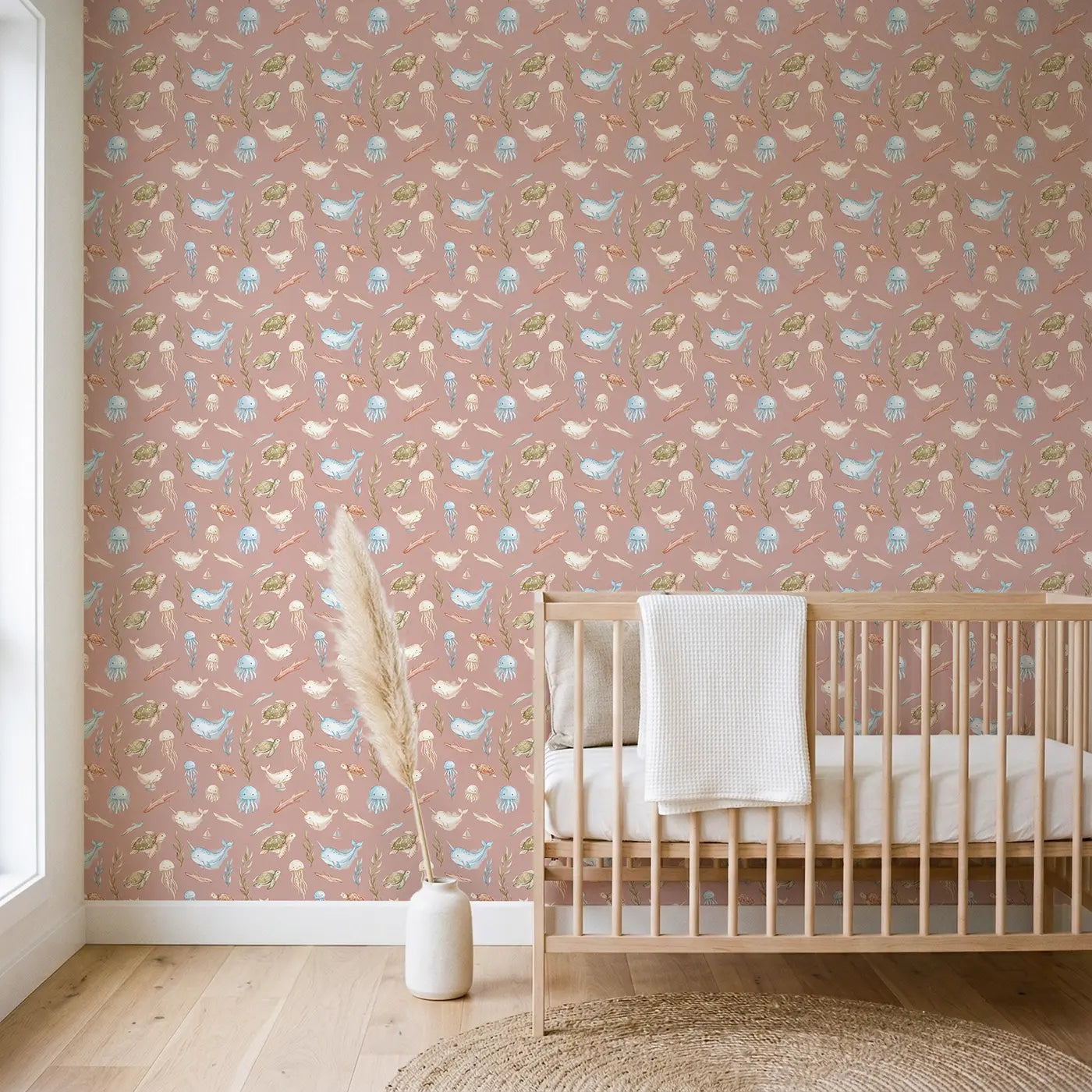 Baby Jellyfish Watercolor wallpaper in Scandinavian nursery - Whimsy Tots
