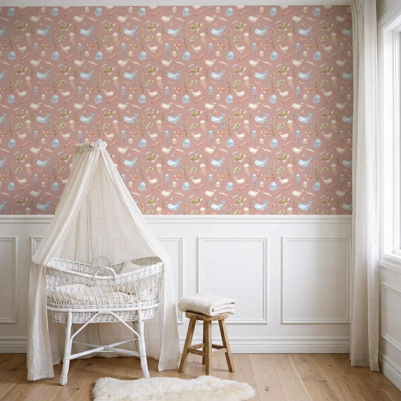 Baby Jellyfish Watercolor wallpaper above wainscoting - Whimsy Tots