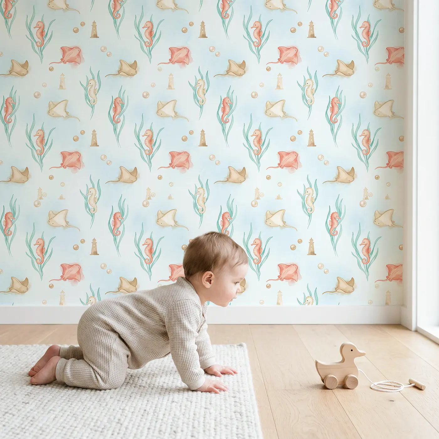 Baby Seahorse Watercolor wallpaper in styled kids room - Whimsy Tots