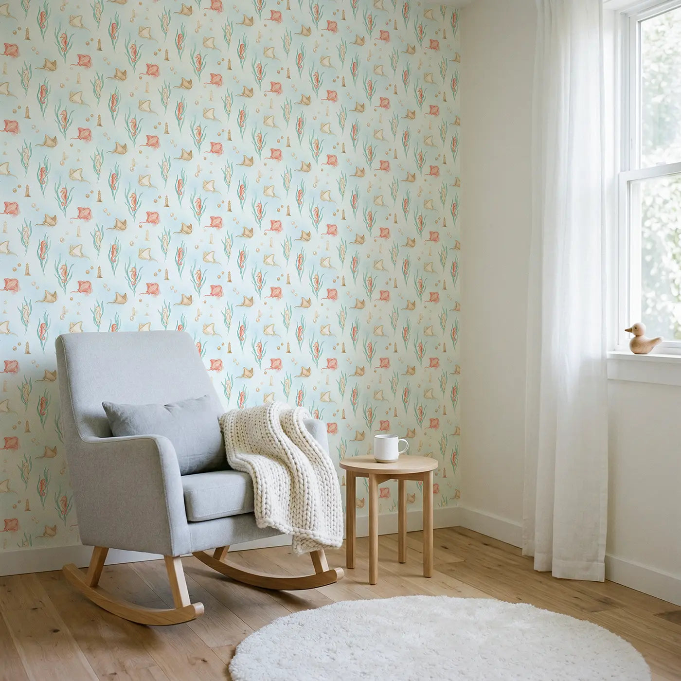 Baby Seahorse Watercolor wallpaper in Scandinavian nursery - Whimsy Tots
