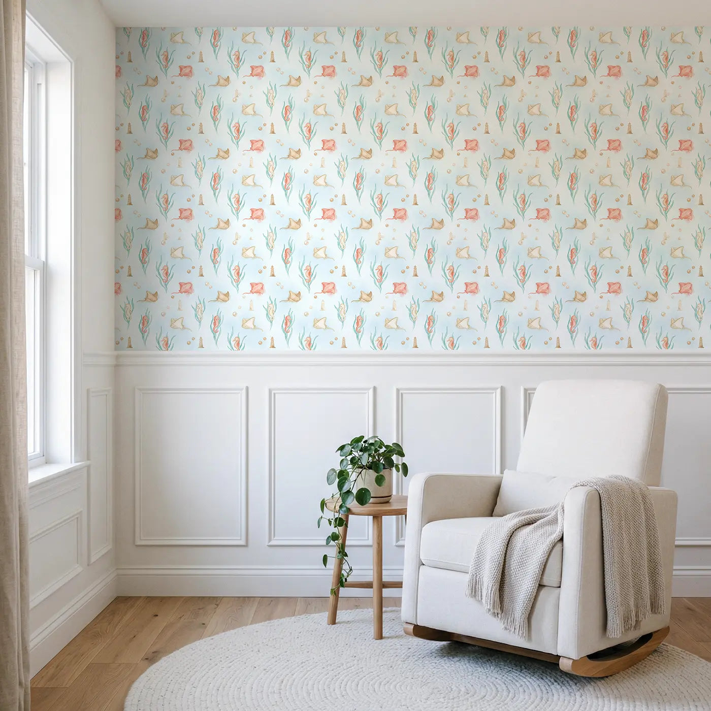 Baby Seahorse Watercolor wallpaper above wainscoting - Whimsy Tots