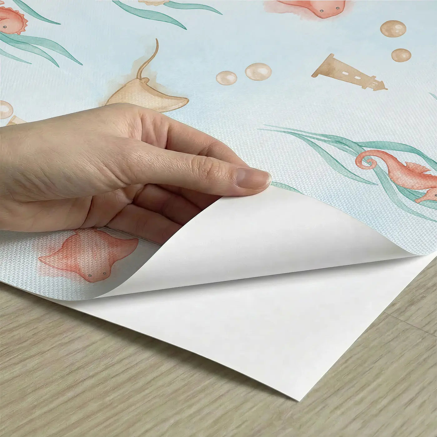 Baby Seahorse Watercolor peel and stick material close-up - Whimsy Tots