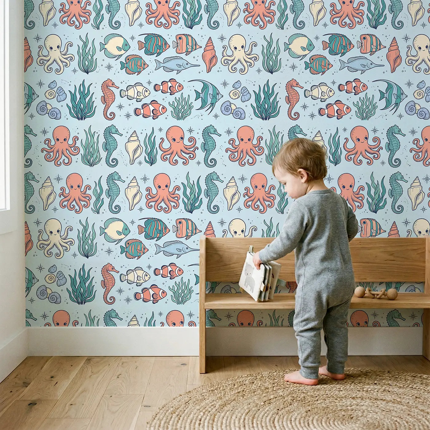 Curled Seahorse Hand-Drawn wallpaper in styled kids room - Whimsy Tots