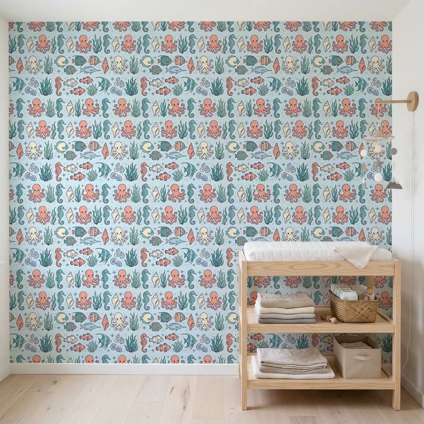 Curled Seahorse Hand-Drawn wallpaper in Scandinavian nursery - Whimsy Tots