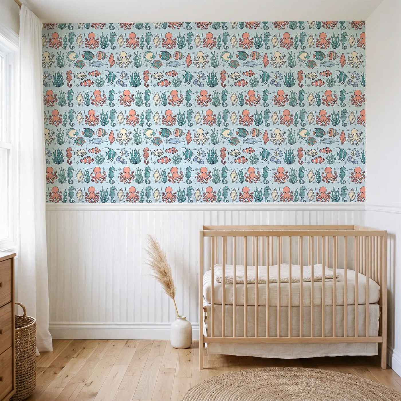 Curled Seahorse Hand-Drawn wallpaper above wainscoting - Whimsy Tots