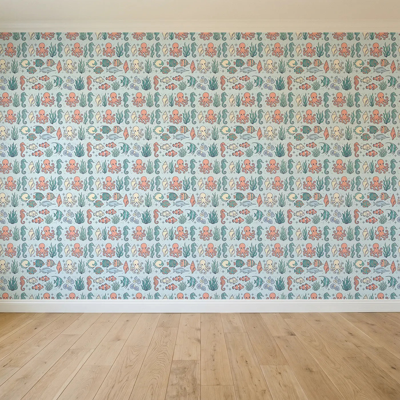 Curled Seahorse Hand-Drawn seamless wallpaper full pattern - Whimsy Tots