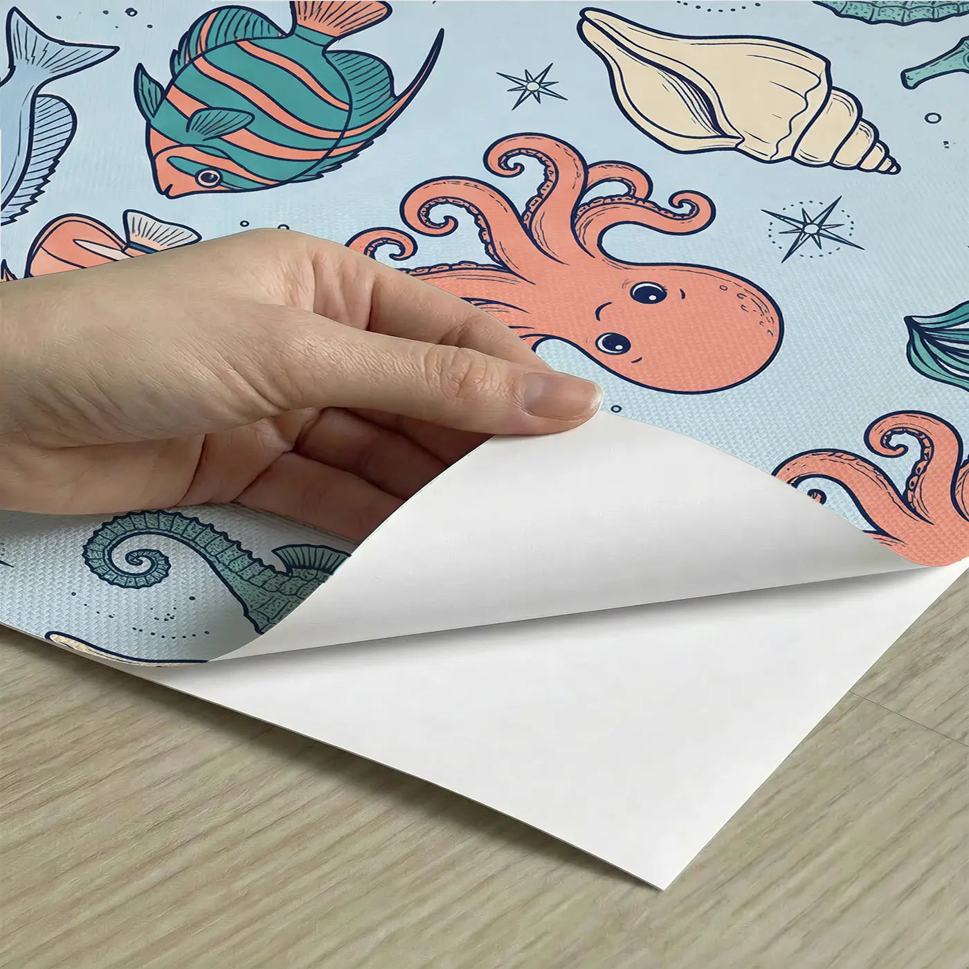 Curled Seahorse Hand-Drawn peel and stick material close-up - Whimsy Tots