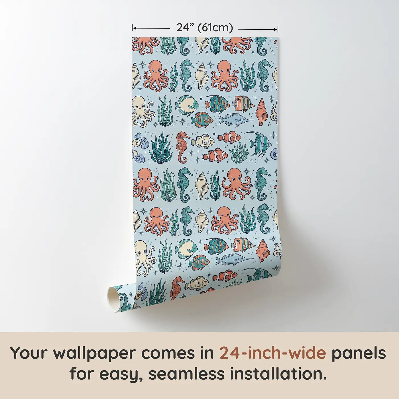Curled Seahorse Hand-Drawn wallpaper panel dimensions - Whimsy Tots
