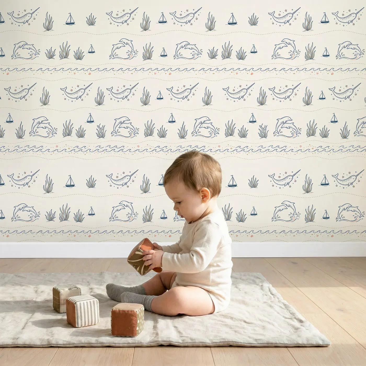 Narwhal Stars Hand-Drawn wallpaper in styled kids room - Whimsy Tots