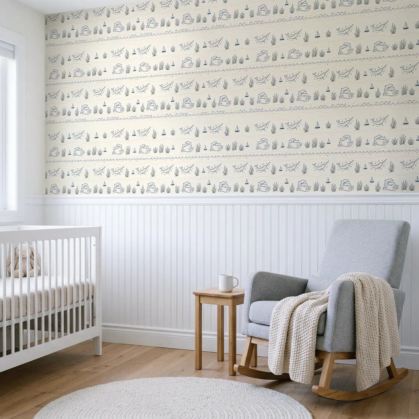 Narwhal Stars Hand-Drawn wallpaper above wainscoting - Whimsy Tots