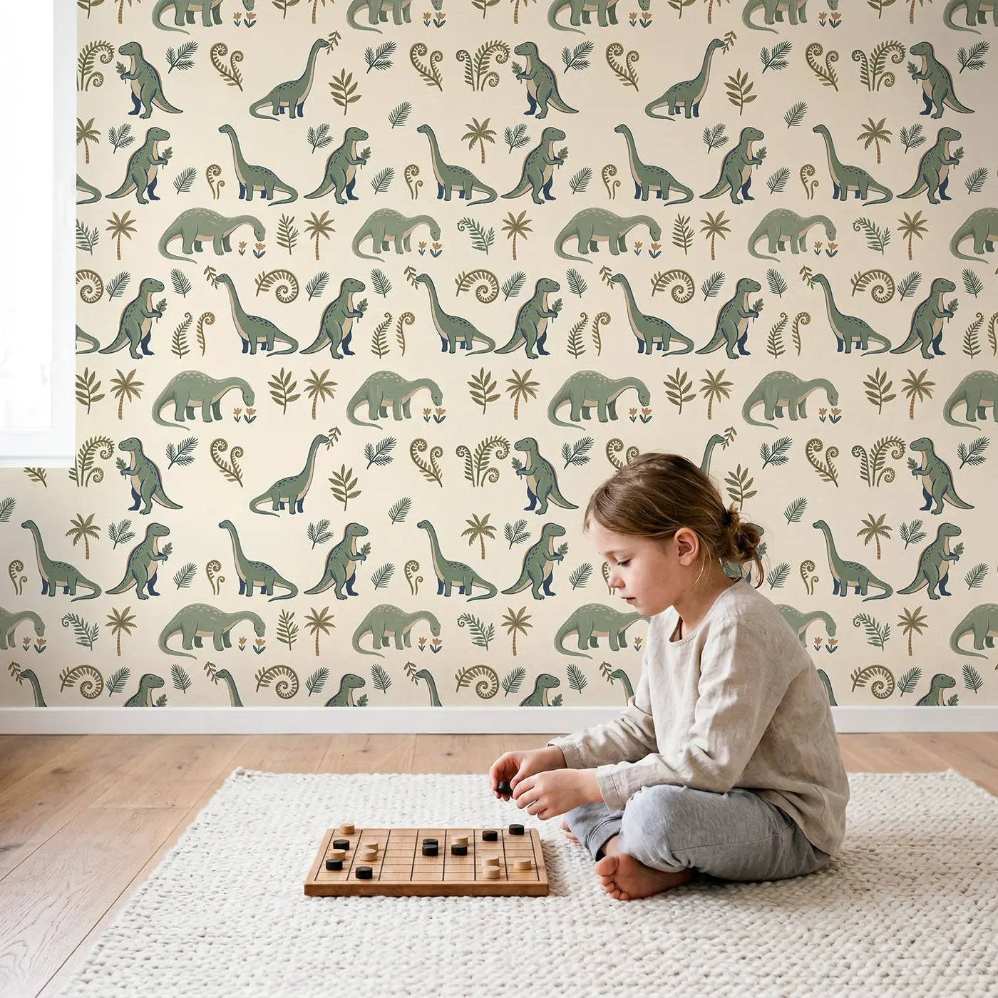 Iguanodon Standing Upright Modern Illustration wallpaper in styled kids room - Whimsy Tots
