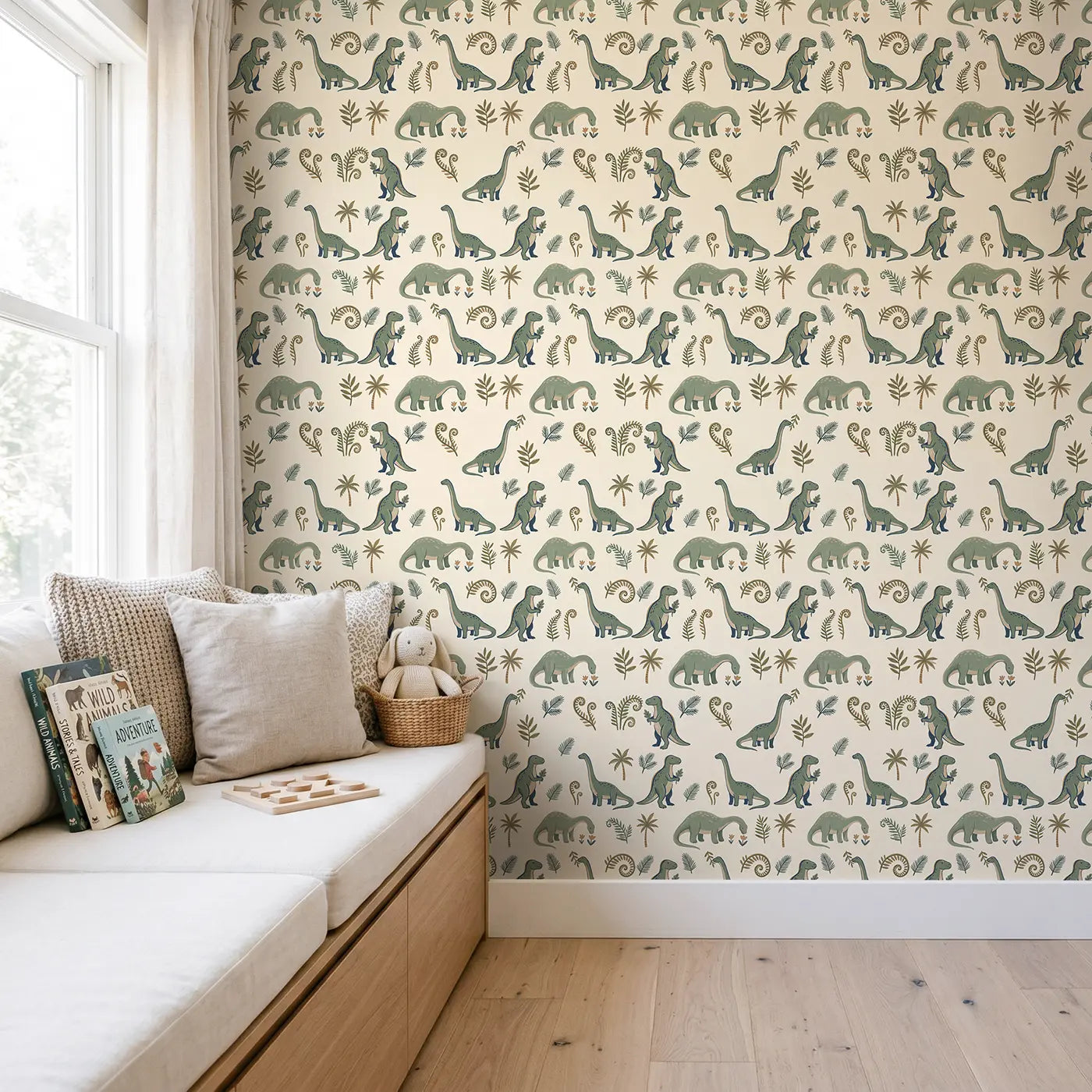 Iguanodon Standing Upright Modern Illustration wallpaper in Scandinavian nursery - Whimsy Tots