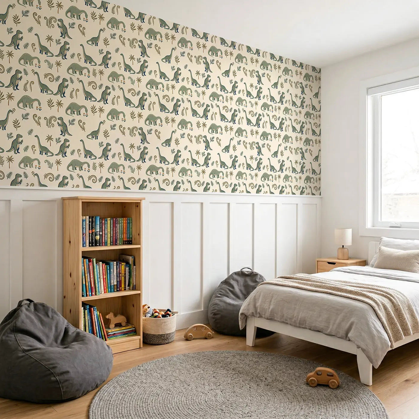 Iguanodon Standing Upright Modern Illustration wallpaper above wainscoting - Whimsy Tots