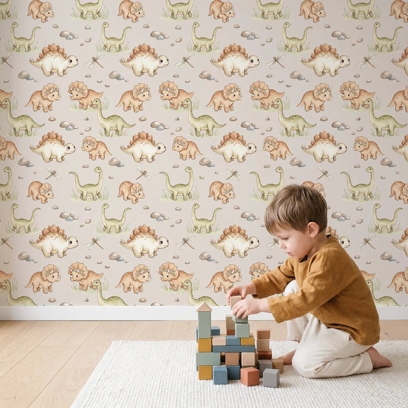 Diplodocus Walking Watercolor wallpaper in styled kids room - Whimsy Tots