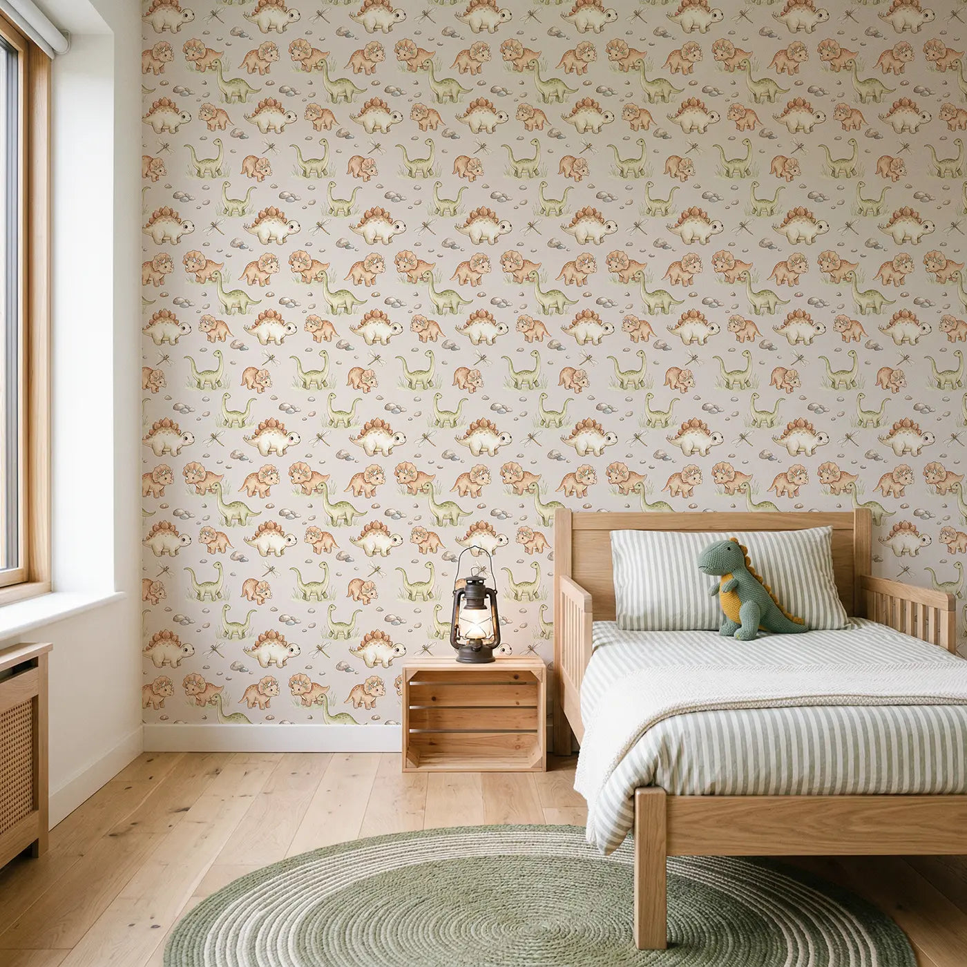 Diplodocus Walking Watercolor wallpaper in Scandinavian nursery - Whimsy Tots