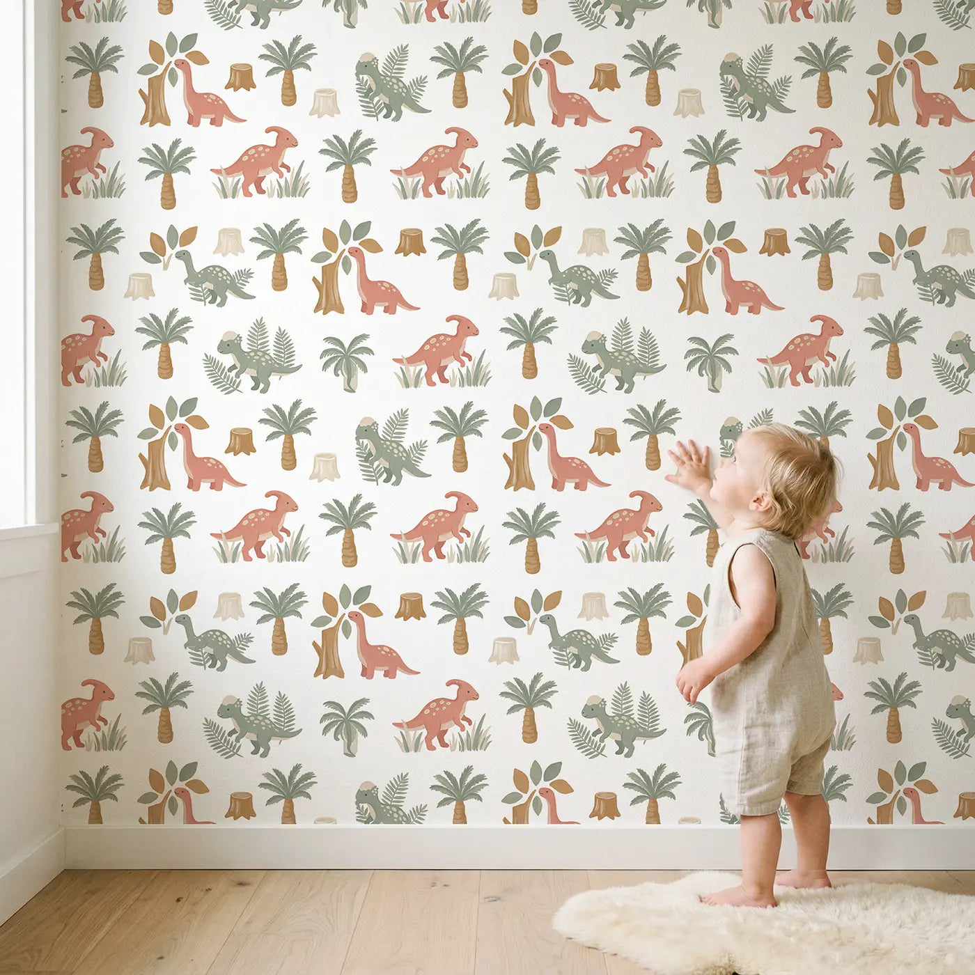 Baby Parasaurolophus Walking Modern Illustration wallpaper in styled kids room - Whimsy Tots