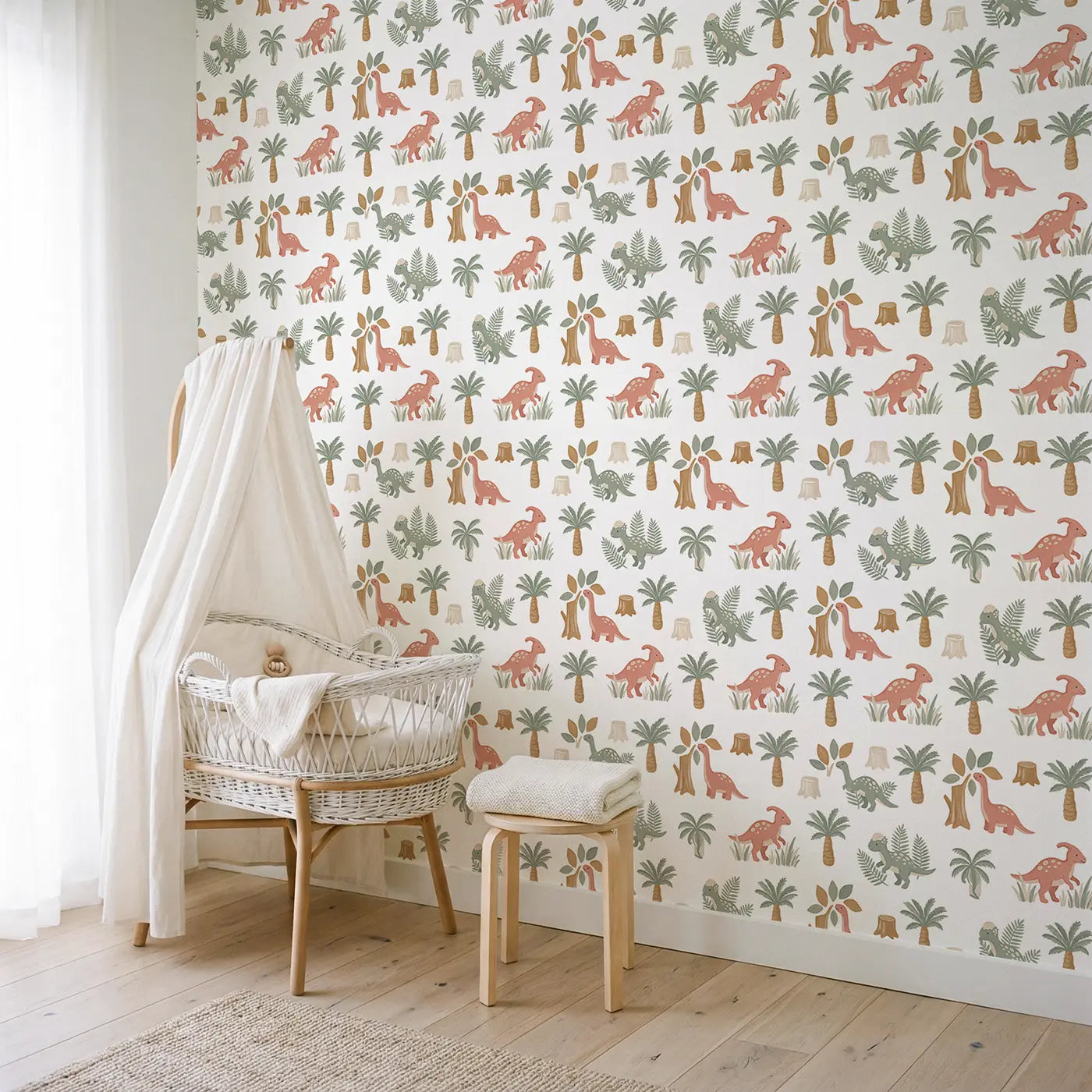 Baby Parasaurolophus Walking Modern Illustration wallpaper in Scandinavian nursery - Whimsy Tots