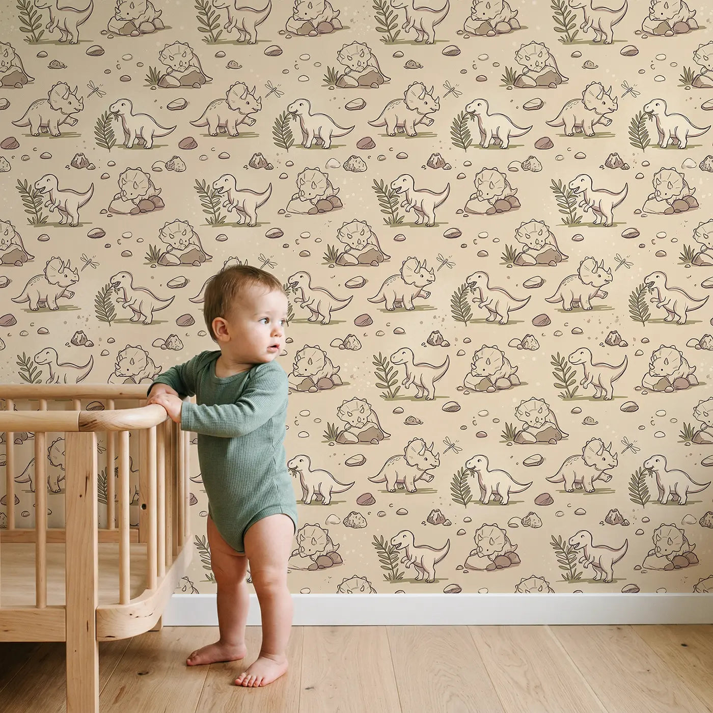 Baby Dinosaur Playing Hand-Drawn wallpaper in styled kids room - Whimsy Tots