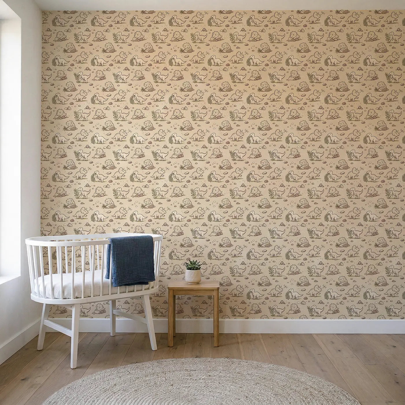 Baby Dinosaur Playing Hand-Drawn wallpaper in Scandinavian nursery - Whimsy Tots