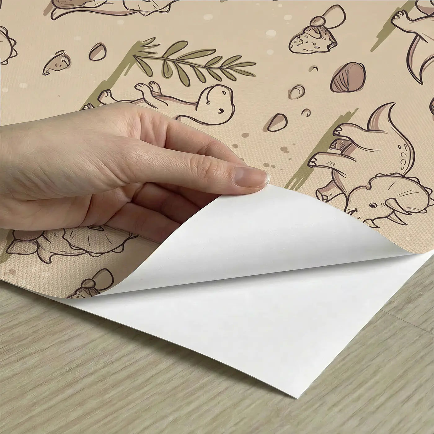 Baby Dinosaur Playing Hand-Drawn peel and stick material close-up - Whimsy Tots