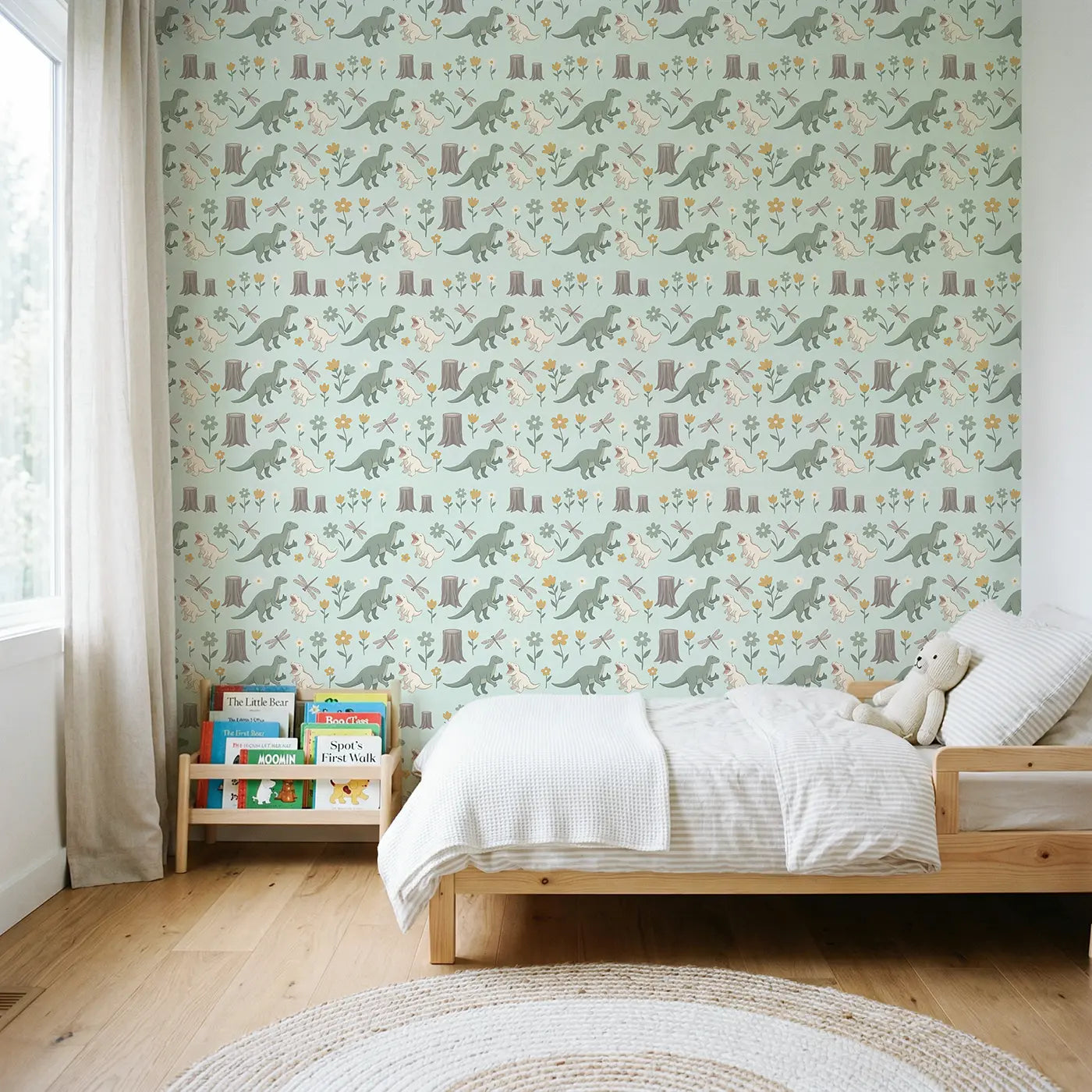 Friendly Iguanodon Thumb Modern Illustration wallpaper in Scandinavian nursery - Whimsy Tots