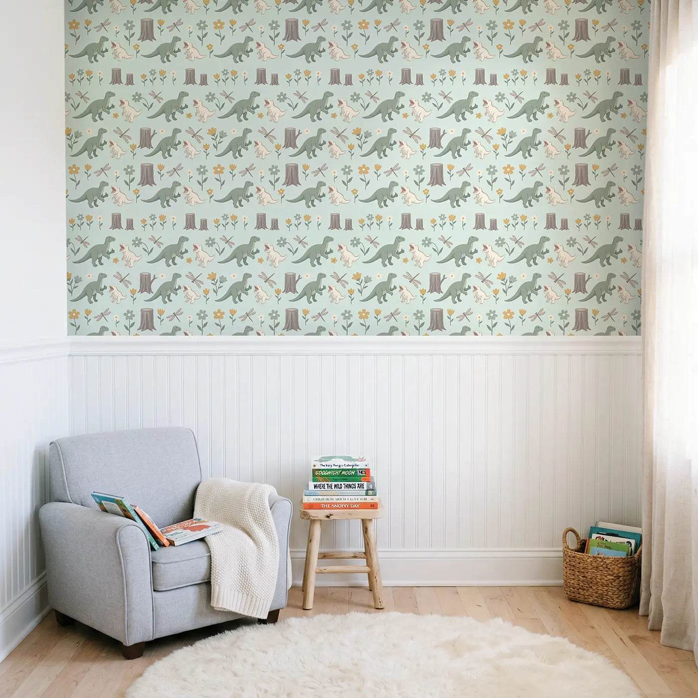 Friendly Iguanodon Thumb Modern Illustration wallpaper above wainscoting - Whimsy Tots