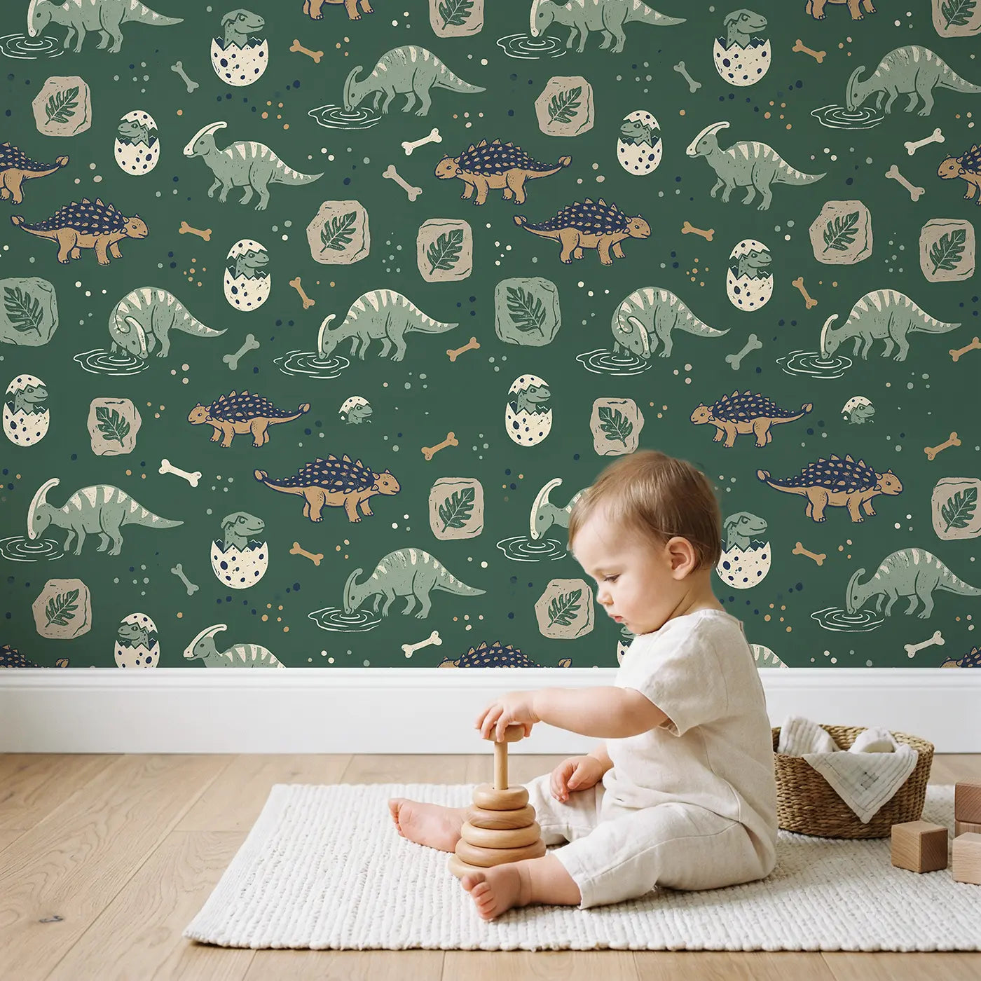 Baby Ankylosaurus Tiny Block Print wallpaper in styled kids room - Whimsy Tots