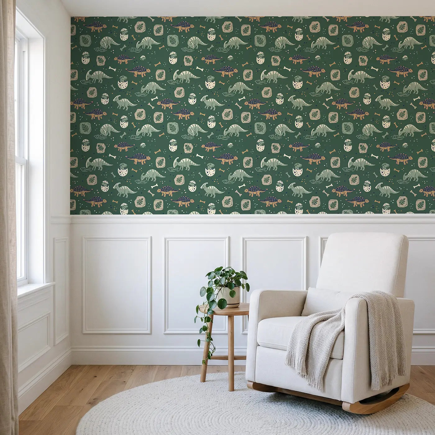 Baby Ankylosaurus Tiny Block Print wallpaper above wainscoting - Whimsy Tots