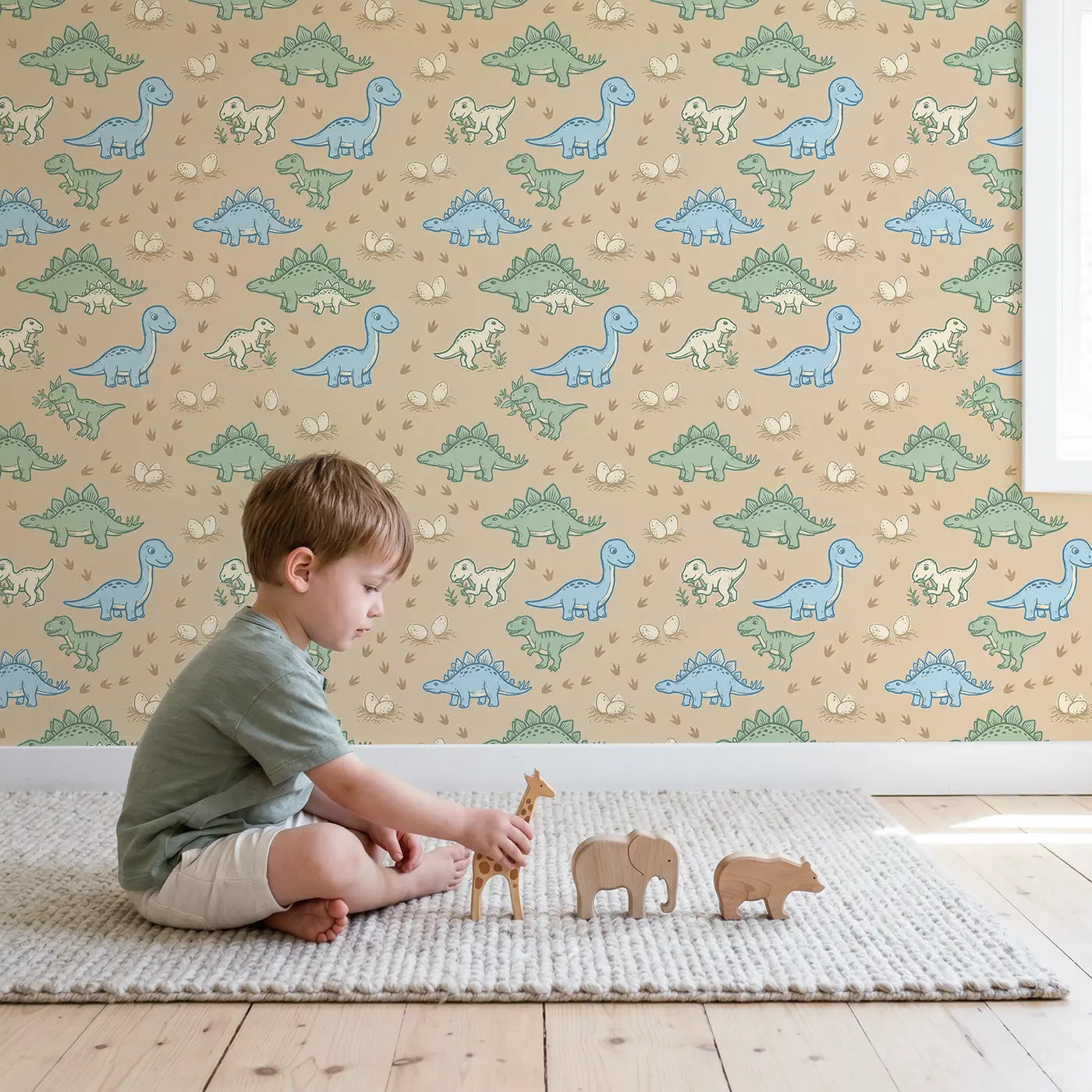 Baby Diplodocus Oversized Block Print wallpaper in styled kids room - Whimsy Tots