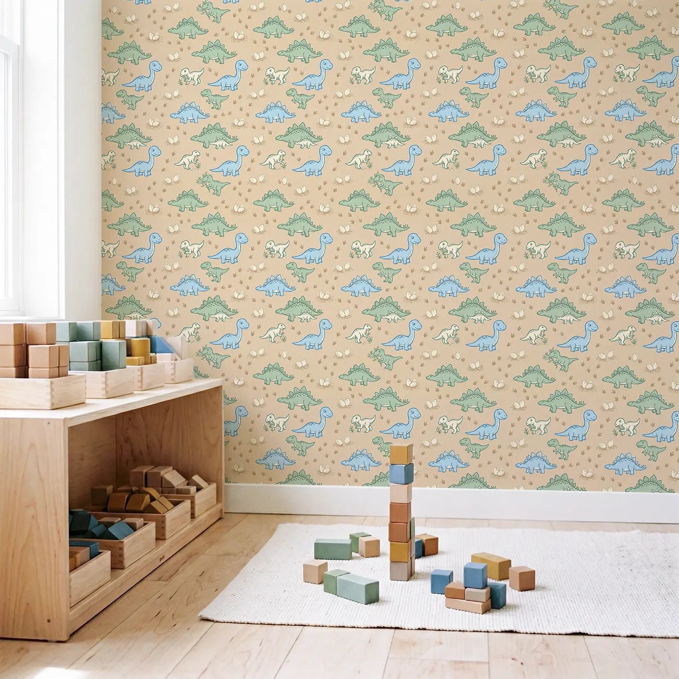 Baby Diplodocus Oversized Block Print wallpaper in Scandinavian nursery - Whimsy Tots