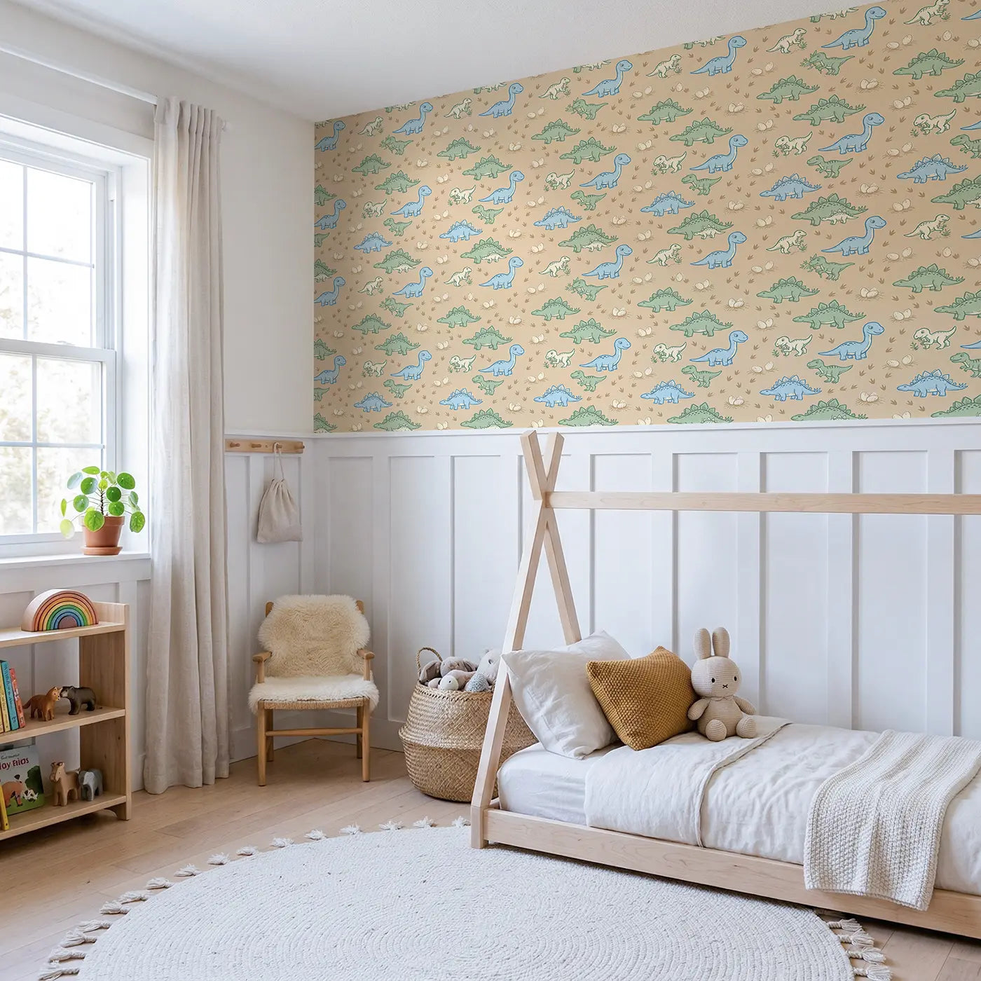 Baby Diplodocus Oversized Block Print wallpaper above wainscoting - Whimsy Tots