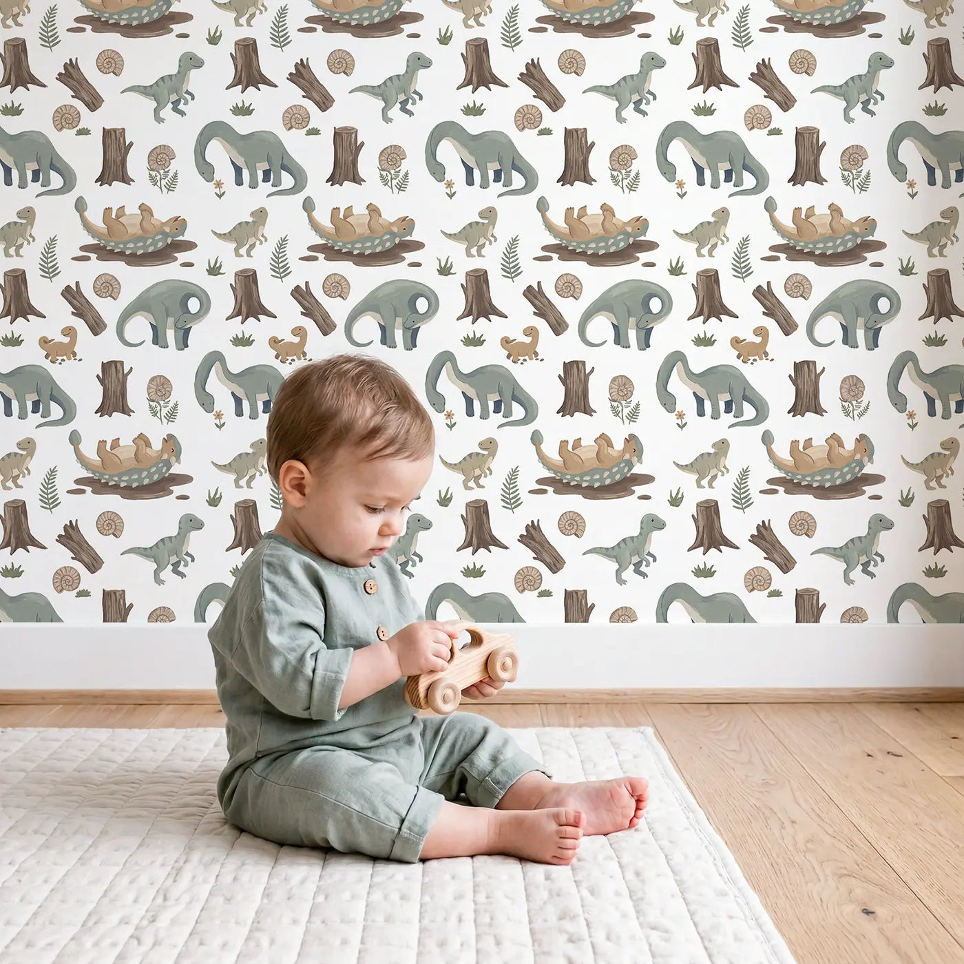 Ankylosaurus Rolling Modern Illustration wallpaper in styled kids room - Whimsy Tots
