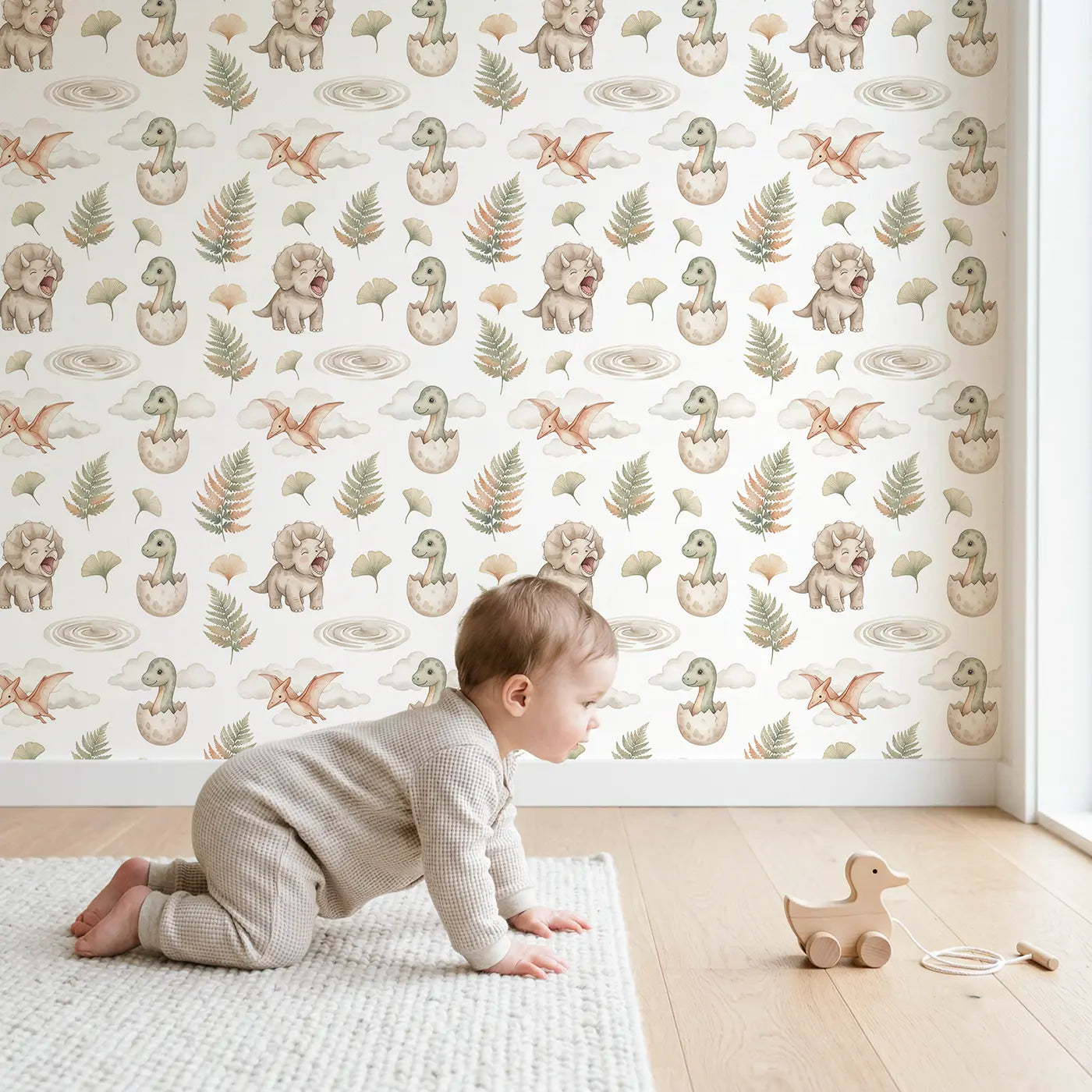 Baby Dino Yawning Watercolor wallpaper in styled kids room - Whimsy Tots